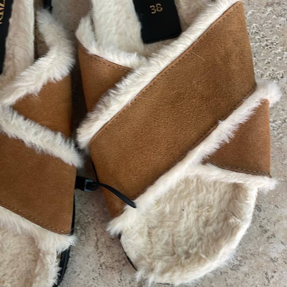 ZARA Faux Fur Lined Leather Slide Sandals - Picture 5 of 16